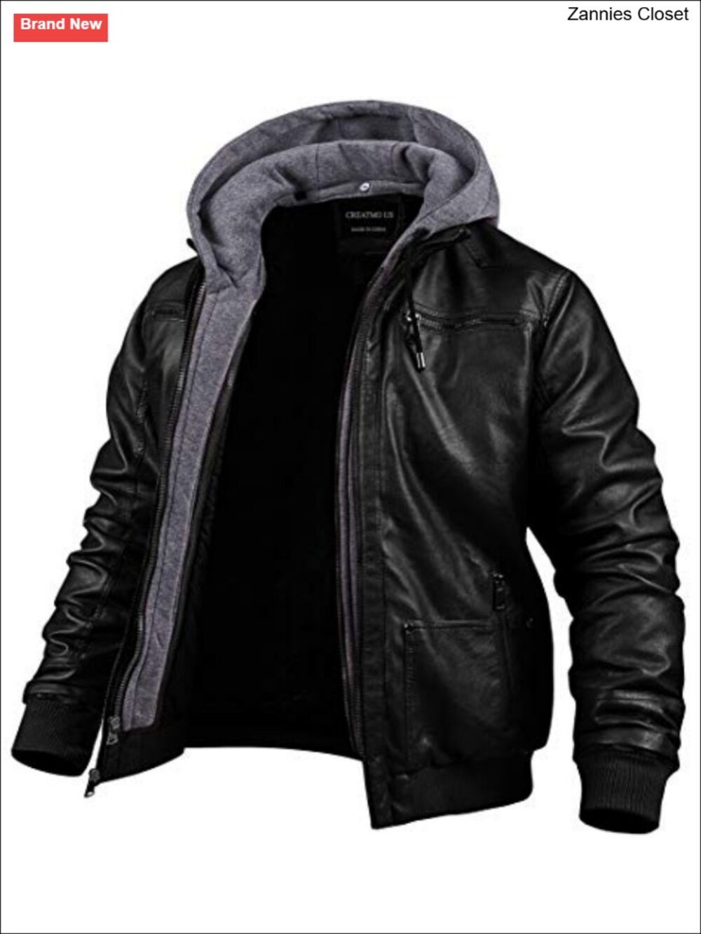 Men's Faux Leather Motorcycle Jacket Waterproof Windproof PU Moto Bomber Hood